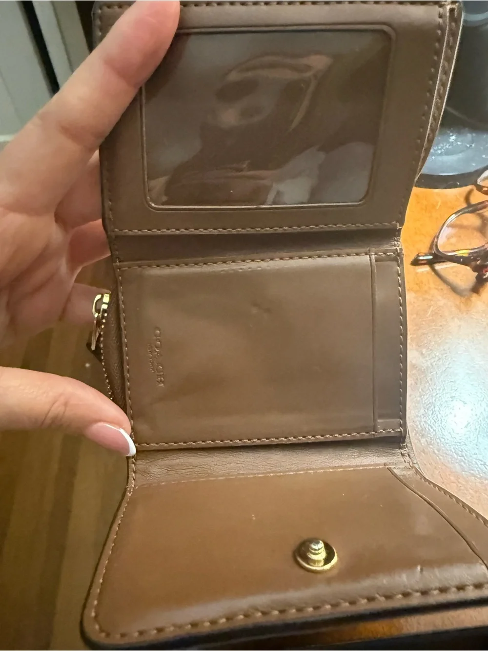 Coach Brown Signature Canvas Zip Card Case with Gold Logo